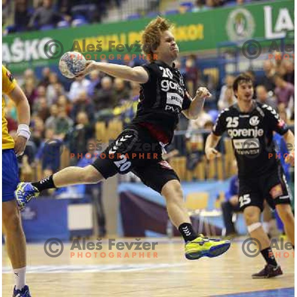 Stas Skube of Gorenje Velenje in action during handball match Celje Pivovarna Lasko - Gorenje Velenje in 1.NLB leasing liga ,played in Zlatorog Hall, Celje, Slovenia on December 4, 2013 
