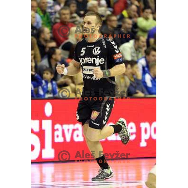 Niko Medved of Gorenje Velenje in action during handball match Celje Pivovarna Lasko - Gorenje Velenje in 1.NLB leasing liga ,played in Zlatorog Hall, Celje, Slovenia on December 4, 2013 