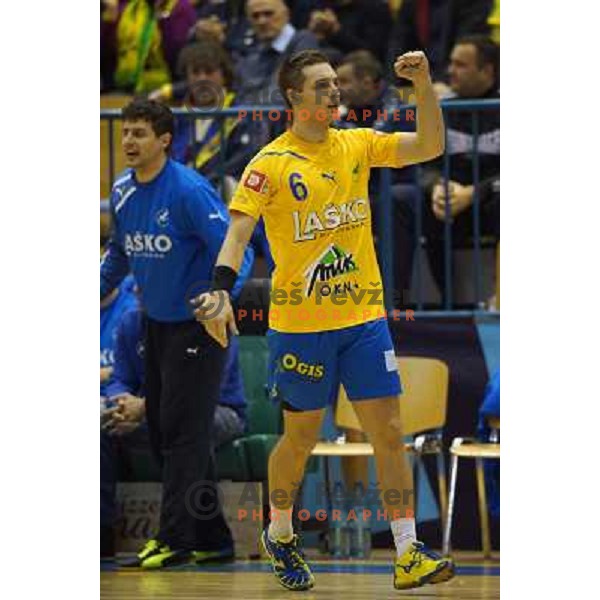 Gasper Marguc of Celje PL in action during handball match Celje Pivovarna Lasko - Gorenje Velenje in 1.NLB leasing liga ,played in Zlatorog Hall, Celje, Slovenia on December 4, 2013 