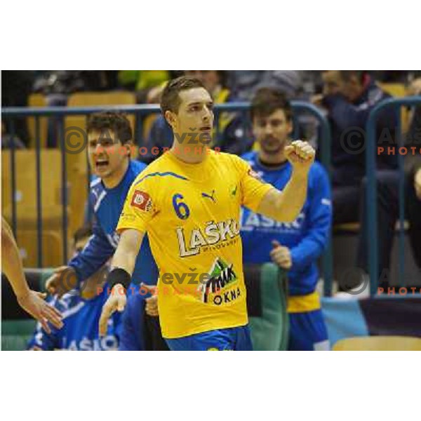 Gasper Marguc of Celje PL in action during handball match Celje Pivovarna Lasko - Gorenje Velenje in 1.NLB leasing liga ,played in Zlatorog Hall, Celje, Slovenia on December 4, 2013 