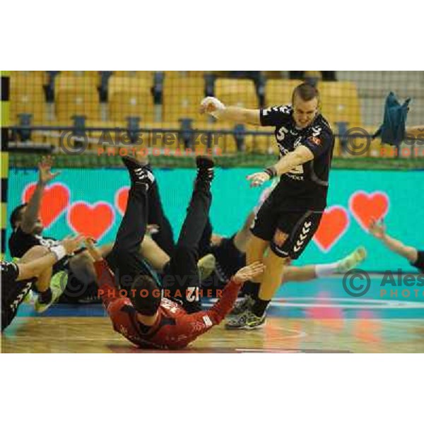 Players of Gorenje Velenje celebrate victory at handball match Celje Pivovarna Lasko - Gorenje Velenje in 1.NLB leasing liga ,played in Zlatorog Hall, Celje, Slovenia on December 4, 2013 