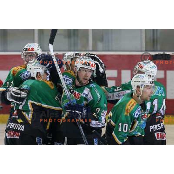 Olimpija players celebrate goal at fifth game ZM Olimpija- BR Slavija in Slovenian Ice-Hockey National Finals. ZM Olimpija won after shot-out, won the series 4:1 and became Slovenian Champion