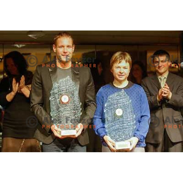 Benjamin Savsek, best sportman and Tanja Zakelj, best sportwoman of city of Ljubljana 2013 during official presentation in Festivalna hall, Ljubljana, Slovenia on December 11 2013 