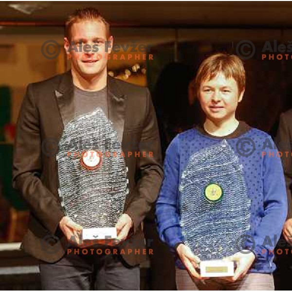 Benjamin Savsek, best sportman and Tanja Zakelj, best sportwoman of city of Ljubljana 2013 during official presentation in Festivalna hall, Ljubljana, Slovenia on December 11 2013 