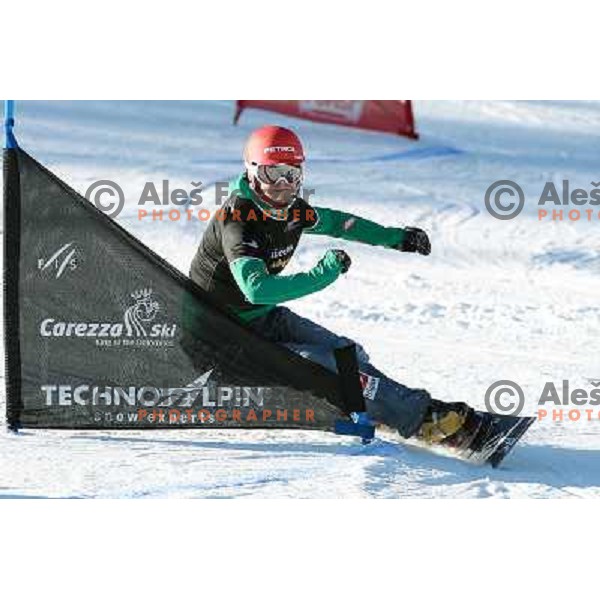 Zan Kosir of Slovenia in action during Snowboard World Cup giant slalom race in Carezza, Italy on December 14, 2013 