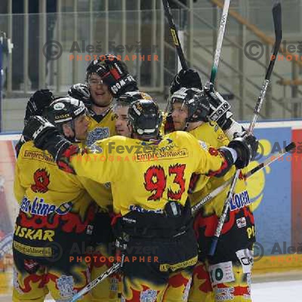 Slavija players celebrate goal at fifth game ZM Olimpija- BR Slavija in Slovenian Ice-Hockey National Finals. ZM Olimpija won after shot-out, won the series 4:1 and became Slovenian Champion