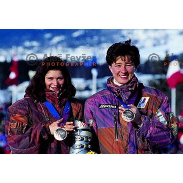 Alenka Dovzan (left) and Katja Koren of Slovenia showing bronze Olympic medals from 1994 Olympic games in Lillehammer, Norway
