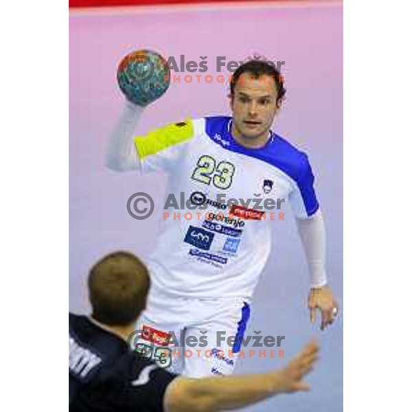 Uros Zorman of Slovenia in action during handball match Slovenia-Ukraine in qualification for World Championships Qatar 2015, played in Red Hall, Velenje on January 12,2014 