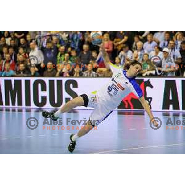 Dean Bombac of Slovenia in action during handball match Slovenia-Ukraine in qualification for World Championships Qatar 2015, played in Red Hall, Velenje on January 12,2014 