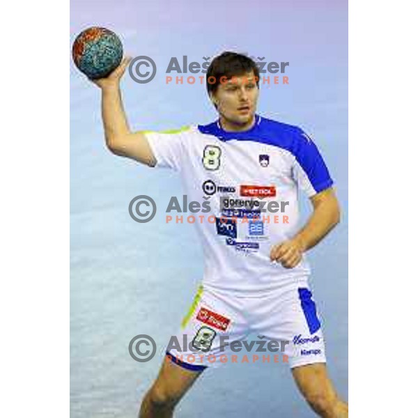 Marko Bezjak of Slovenia in action during handball match Slovenia-Ukraine in qualification for World Championships Qatar 2015, played in Red Hall, Velenje on January 12,2014 