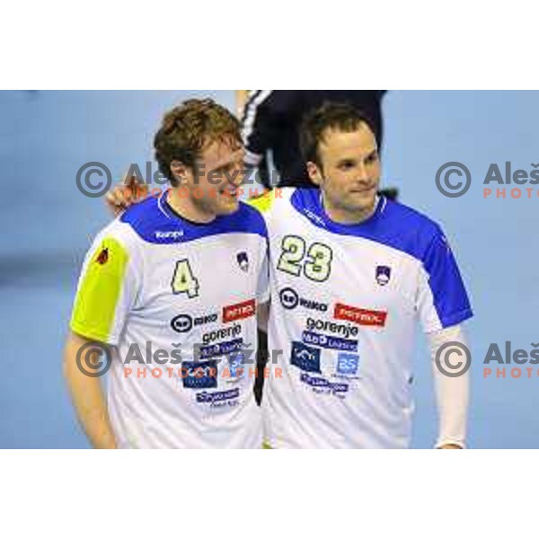 David Miklavcic and Uros Zorman of Slovenia in action during handball match Slovenia-Ukraine in qualification for World Championships Qatar 2015, played in Red Hall, Velenje on January 12,2014 