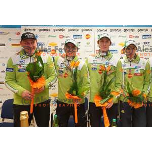 Goran Janus, head coach of Slovenia ski jumping team and jumpers Jernej Damjan, Peter Prevc, Robi Kranjec at press conference after triple victory in World Cup competition in Sapporo. Conference was held in Ljubljana, Slovenia on January 27, 2014