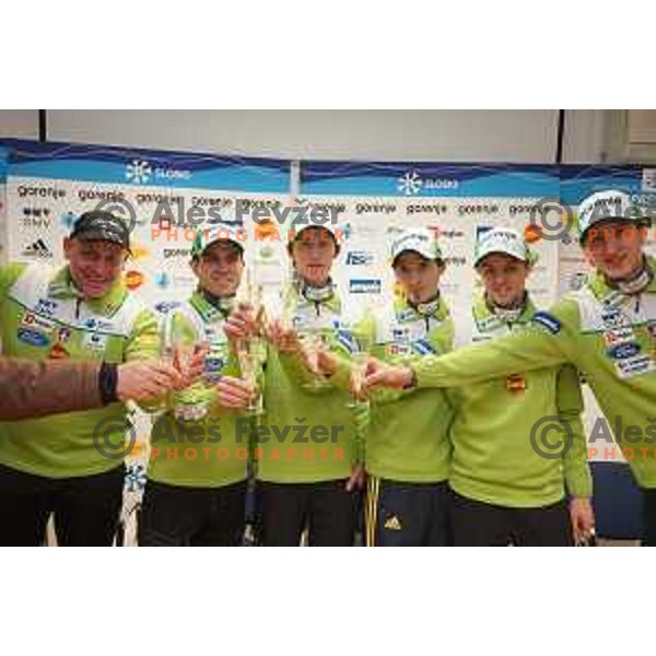Goran Janus, head coach of Slovenia ski jumping team and jumpers Jernej Damjan, Peter Prevc, Robi Kranjec, Tomaz Naglic, Nejc Dezman at press conference after triple victory in World Cup competition in Sapporo. Conference was held in Ljubljana, Slovenia on January 27, 2014