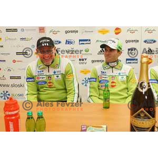 Goran Janus, head coach of Slovenia ski jumping team Jernej Damjan at press conference after triple victory in World Cup competition in Sapporo. Conference was held in Ljubljana, Slovenia on January 27, 2014
