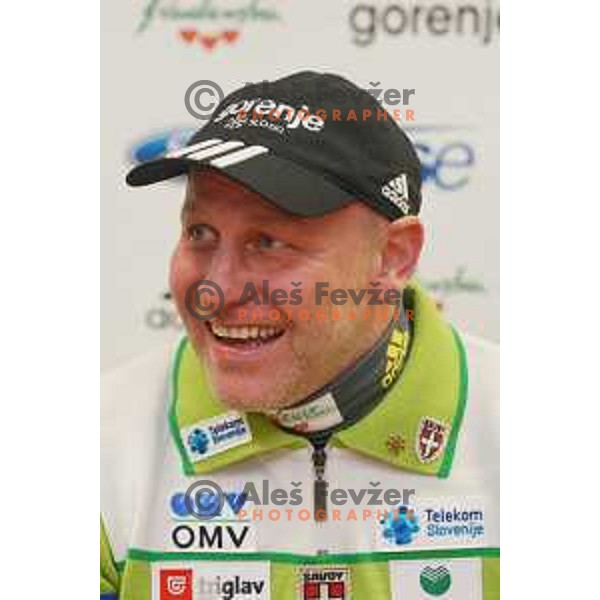 Goran Janus, head coach of Slovenia ski jumping team at press conference after triple victory in World Cup competition in Sapporo. Conference was held in Ljubljana, Slovenia on January 27, 2014