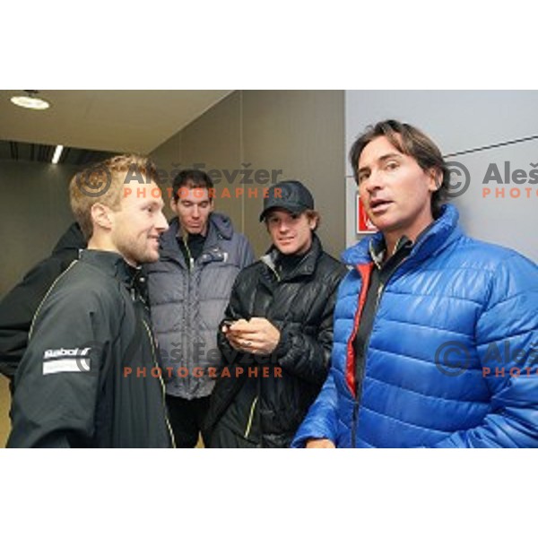 Tom Kocevar Desman, Blaz Kavcic, Blaz Trupej of Slovenia Davis Cup team during press conference before match against Portugal in Ljubljana on January 28, 2014