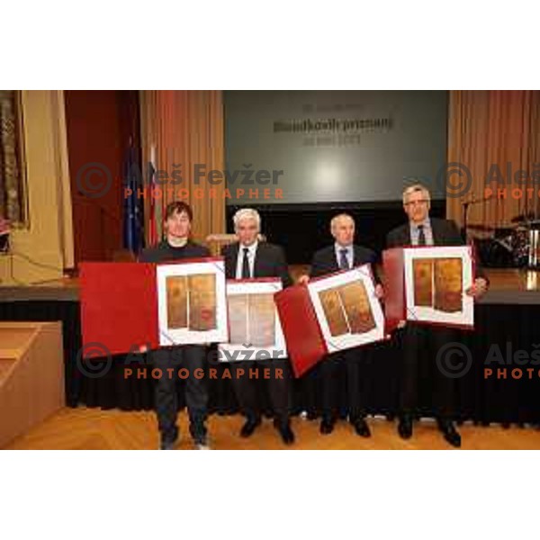 Rok Marguc, Rudi Hiti, Srecko Remih and Peter Vilfan with Bloudek prizes in Ljubljana on January 29,2014