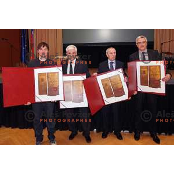 Rok Marguc, Rudi Hiti, Srecko Remih and Peter Vilfan with Bloudek prizes in Ljubljana on january 29,2014