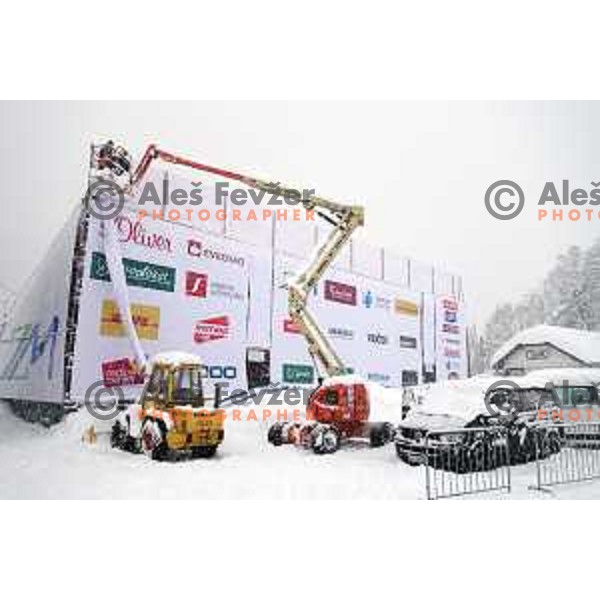 More than meter of snow fall in last 24 hours demands a lot of extra work for organisers of 50. Zlata Lisica- Golden fox trophy to set everything for AUDI FIS World Cup race in Kranjska gora, Slovenia on January 31, 2014