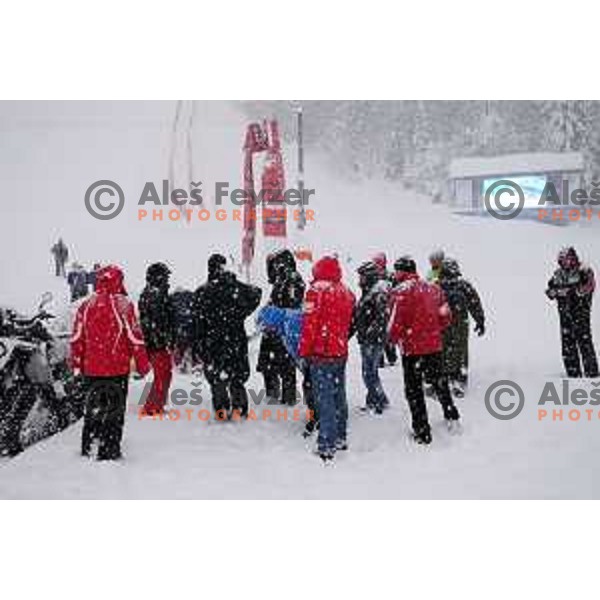 More than meter of snow fall in last 24 hours demands a lot of extra work for organisers of 50. Zlata Lisica- Golden fox trophy to set everything for AUDI FIS World Cup race in Kranjska gora, Slovenia on January 31, 2014