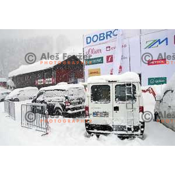 More than meter of snow fall in last 24 hours demands a lot of extra work for organisers of 50. Zlata Lisica- Golden fox trophy to set everything for AUDI FIS World Cup race in Kranjska gora, Slovenia on January 31, 2014