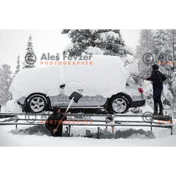 More than meter of snow fall in last 24 hours demands a lot of extra work for organisers of 50. Zlata Lisica- Golden fox trophy to set everything for AUDI FIS World Cup race in Kranjska gora, Slovenia on January 31, 2014