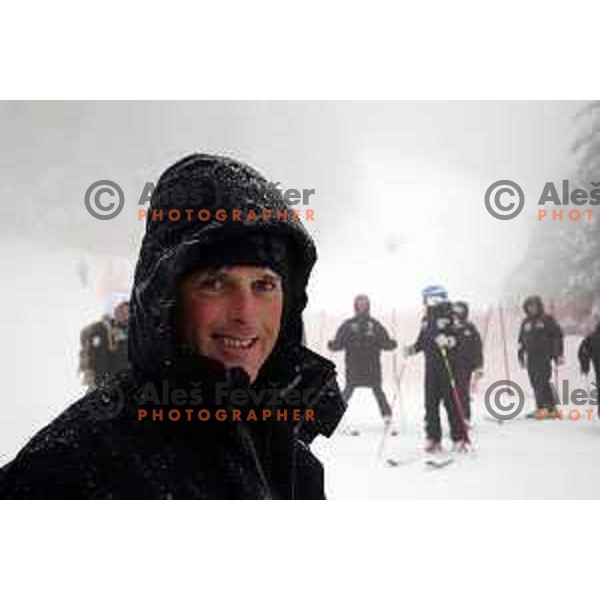 Coach Mauro Pini during course inspection at AUDI FIS World Cup Giant slalom for 50. Zlata Lisica- Golden Fox Trophy in Kranjska gora, Slovenia on February 1, 2014. Race was cancelled due to poor visibility