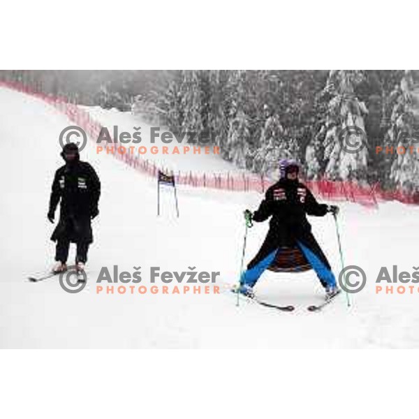Tina Maze of Slovenia and Andrea Massi during course inspection at AUDI FIS World Cup Giant slalom for 50. Zlata Lisica- Golden Fox Trophy in Kranjska gora, Slovenia on February 1, 2014. Race was cancelled due to poor visibility