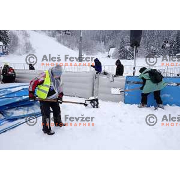 Preparation of the course and course inspection at AUDI FIS World Cup Giant slalom for 50. Zlata Lisica- Golden Fox Trophy in Kranjska gora, Slovenia on February 1, 2014. Race was cancelled due to poor visibility