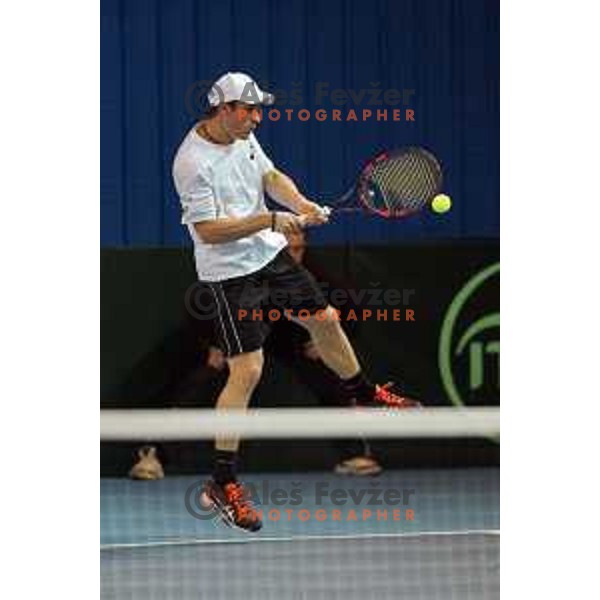 Grega Zemlja of Slovenia in action during doubles match in Davis Cup Slovenia-Portugal in Kranj, Slovenia on February 1, 2014