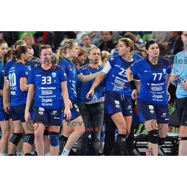 of RK Krim Mercator in action during handball match RK Krim Mercator (SLO)-Larvik (NOR) in first round of second phase of EHF Women\'s Champions league, played in Stozice Hall, Ljubljana, Slovenia on February 1,2014