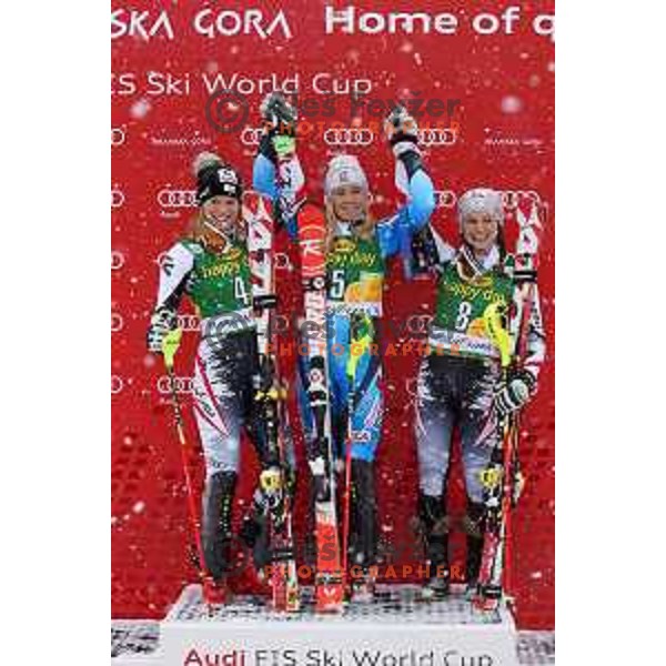 Marlies Schild (AUT), Frida Hansdotter (SWE),Bernadette Schild (AUT) at AUDI FIS World Cup slalom race for 50.Zlata Lisica- Golden Fox Trophy in Kranjska gora, Slovenia on February 2, 2014