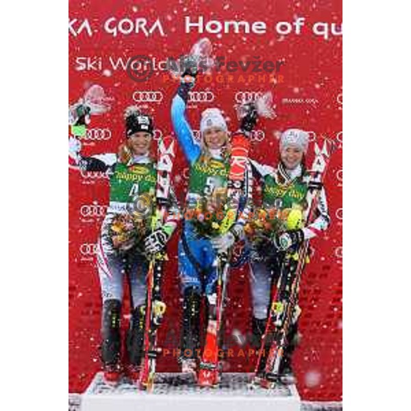 Marlies Schild (AUT), Frida Hansdotter (SWE),Bernadette Schild (AUT) at AUDI FIS World Cup slalom race for 50.Zlata Lisica- Golden Fox Trophy in Kranjska gora, Slovenia on February 2, 2014