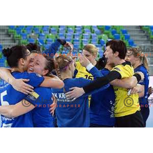 Players of Krim Mercator celebrate victory at handball match Krim Mercator (SLO) - Larvik (NOR) in EHF Women\'s Champions league, played in Arena Stozice, Ljubljana, Slovenia on February 1, 2014