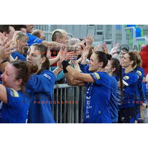 Players of Krim Mercator celebrate victory at handball match Krim Mercator (SLO) - Larvik (NOR) in EHF Women\'s Champions league, played in Arena Stozice, Ljubljana, Slovenia on February 1, 2014