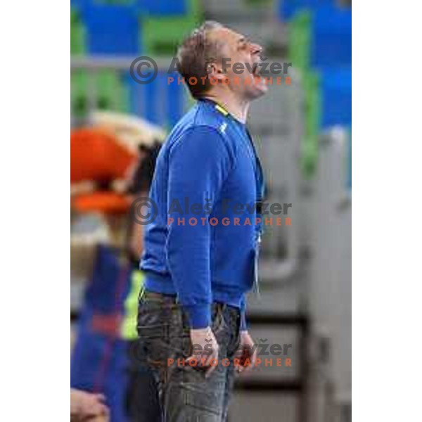 Tone Tiselj, head coach of Krim Mercator at handball match Krim Mercator (SLO) - Larvik (NOR) in EHF Women\'s Champions league, played in Arena Stozice, Ljubljana, Slovenia on February 1, 2014