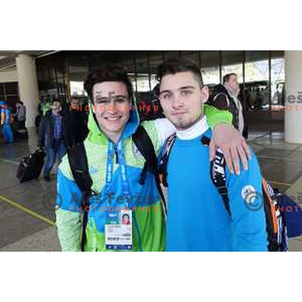 Tim Kevin Ravnjak and Jan Kralj, members of Slovenia Olympic team for Sochi 2014 Winter Olympic games during arrival to Sochi International Airport, Russia on February 4, 2014