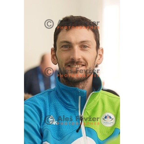Jakov Fak of Slovenia Biathlon Olympic team for Sochi 2014 Winter Olympic games during press conference in Mountain Village, Rosa Khutor, Russia on February 5, 2014