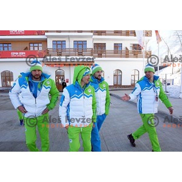 Klemen Bauer, Jakov Fak, Janez Maric, Peter Dokl, Teja Gregorin of Slovenia Biathlon Olympic team for Sochi 2014 Winter Olympic games during press conference in Mountain Village, Rosa Khutor, Russia on February 5, 2014