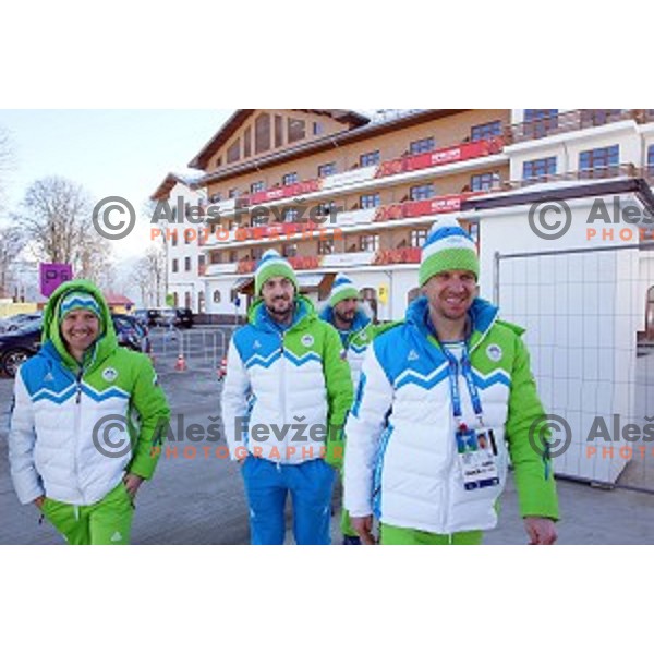 Klemen Bauer, Jakov Fak, Janez Maric, Peter Dokl, Teja Gregorin of Slovenia Biathlon Olympic team for Sochi 2014 Winter Olympic games during press conference in Mountain Village, Rosa Khutor, Russia on February 5, 2014