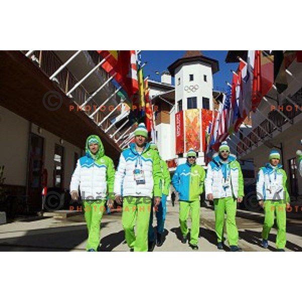 Klemen Bauer, Jakov Fak, Janez Maric, Peter Dokl, Teja Gregorin of Slovenia Biathlon Olympic team for Sochi 2014 Winter Olympic games during press conference in Mountain Village, Rosa Khutor, Russia on February 5, 2014