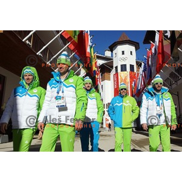 Klemen Bauer, Jakov Fak, Janez Maric, Peter Dokl, Teja Gregorin of Slovenia Biathlon Olympic team for Sochi 2014 Winter Olympic games during press conference in Mountain Village, Rosa Khutor, Russia on February 5, 2014