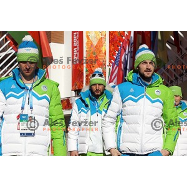 Klemen Bauer, Jakov Fak, Janez Maric, Peter Dokl, Teja Gregorin of Slovenia Biathlon Olympic team for Sochi 2014 Winter Olympic games during press conference in Mountain Village, Rosa Khutor, Russia on February 5, 2014
