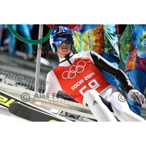 Peter Prevc of Slovenia during men\'s Normal Hill Individual practice in RusSki Gorki Jumping Center at Sochi 2014 Winter Olympic Games on February 6, 2014