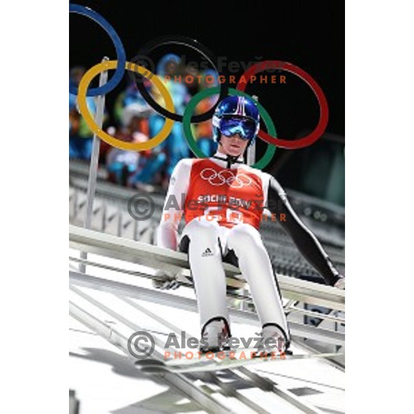 Peter Prevc of Slovenia during men\'s Normal Hill Individual practice in RusSki Gorki Jumping Center at Sochi 2014 Winter Olympic Games on February 6, 2014