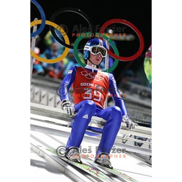 Jaka Hvala of Slovenia during men\'s Normal Hill Individual practice in RusSki Gorki Jumping Center at Sochi 2014 Winter Olympic Games on February 6, 2014