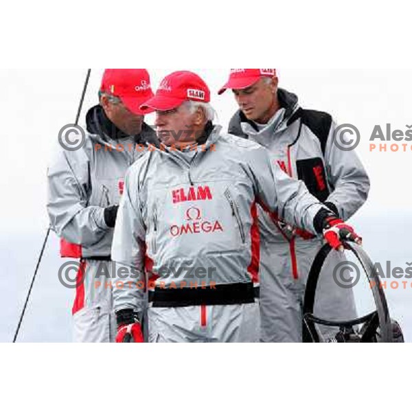 Patrick de Barros at helm of Omega during fleet race in sailing regatta for RC 44 Portoroz Cup in Pororoz,Slovenia.Photo by Ales Fevzer 