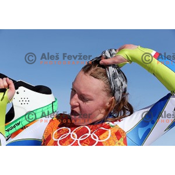 Marusa Ferk of Slovenia during Ladies Downhill Training at Rosa Khutor Alpine Center at Sochi 2014 Winter Olympic Games on February 7, 2014
