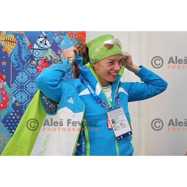 Tina Maze of Slovenia during press conference in Mountain Village, Rosa Khutor, Sochi 2014 Winter Olympic Games on February 8, 2014
