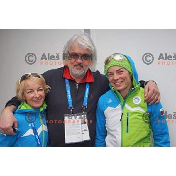 Nezka Poljansek, Vito Divac and Tina Maze of Slovenia after press conference in Mountain Village, Rosa Khutor, Sochi 2014 Winter Olympic Games on February 8, 2014